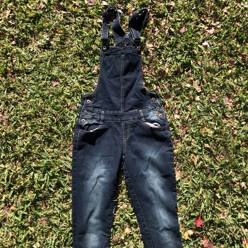Dark denim stretchy overalls